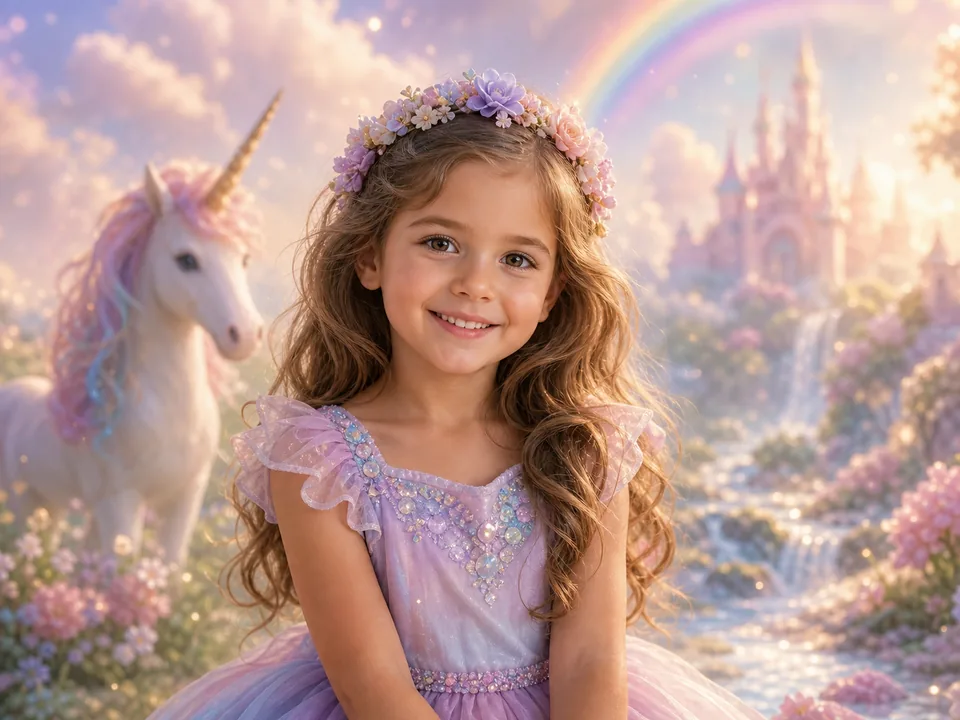 Beispielportrait eines Kindes in einer Einhorn-Fantasiewelt